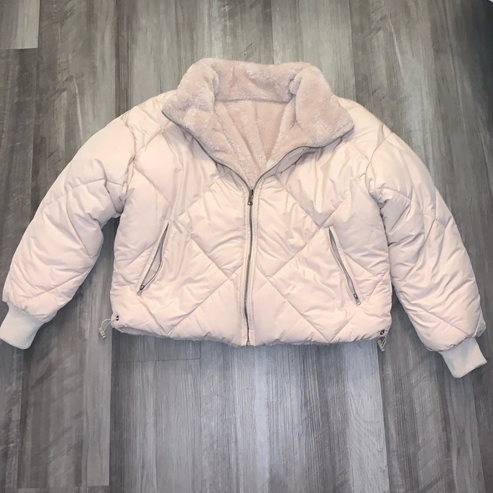 Tan Quilted Faux Fur Lined Bomber Puffer Jacket